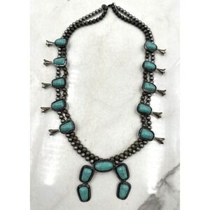 West & Co Necklace Women's Squashblossom Turquoise VTG Silvertone Beaded